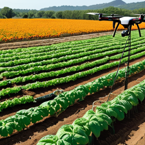 Home 13 **Smart Agriculture for Biodiversity:** A futuristic yet natural farm scene. Drones and smart sensors monitor diverse, thriving crops such as tomatoes, herbs, and marigolds, beautifully intercropped. Precision drip irrigation lines are visible, enhancing soil health and plant vitality. The overall atmosphere emphasizes intelligent technology seamlessly integrated with natural biodiversity, showcasing a restored, sustainable ecosystem.