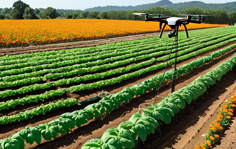 **Smart Agriculture for Biodiversity:** A futuristic yet natural farm scene. Drones and smart sensors monitor diverse, thriving crops such as tomatoes, herbs, and marigolds, beautifully intercropped. Precision drip irrigation lines are visible, enhancing soil health and plant vitality. The overall atmosphere emphasizes intelligent technology seamlessly integrated with natural biodiversity, showcasing a restored, sustainable ecosystem.