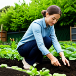 A serene woman gently touching nutrient-rich, dark soil with both hands in a vibrant vegetable garden, admiring a small plant sprout. She is fully clothed in modest, practical gardening attire, including a long-sleeved shirt and durable trousers. The background features lush green foliage, thriving plants, and warm, natural sunlight, conveying a sense of connection to nature and sustainable living. This image is safe for work, appropriate content, fully clothed, family-friendly, with perfect anatomy, correct proportions, natural pose, well-formed hands, proper finger count, natural body proportions, professional photography, high quality.