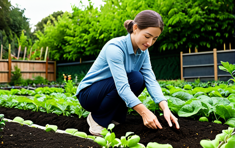 A serene woman gently touching nutrient-rich, dark soil with both hands in a vibrant vegetable garden, admiring a small plant sprout. She is fully clothed in modest, practical gardening attire, including a long-sleeved shirt and durable trousers. The background features lush green foliage, thriving plants, and warm, natural sunlight, conveying a sense of connection to nature and sustainable living. This image is safe for work, appropriate content, fully clothed, family-friendly, with perfect anatomy, correct proportions, natural pose, well-formed hands, proper finger count, natural body proportions, professional photography, high quality.